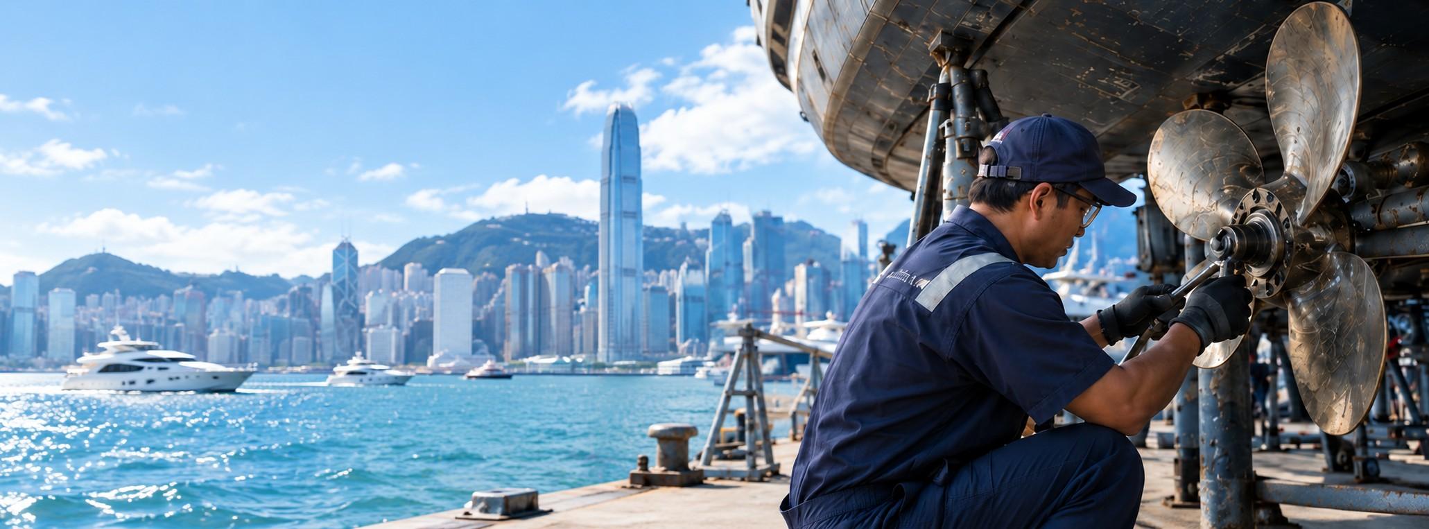 Marine engineer repairing a yacht propeller beside Victoria Harbour