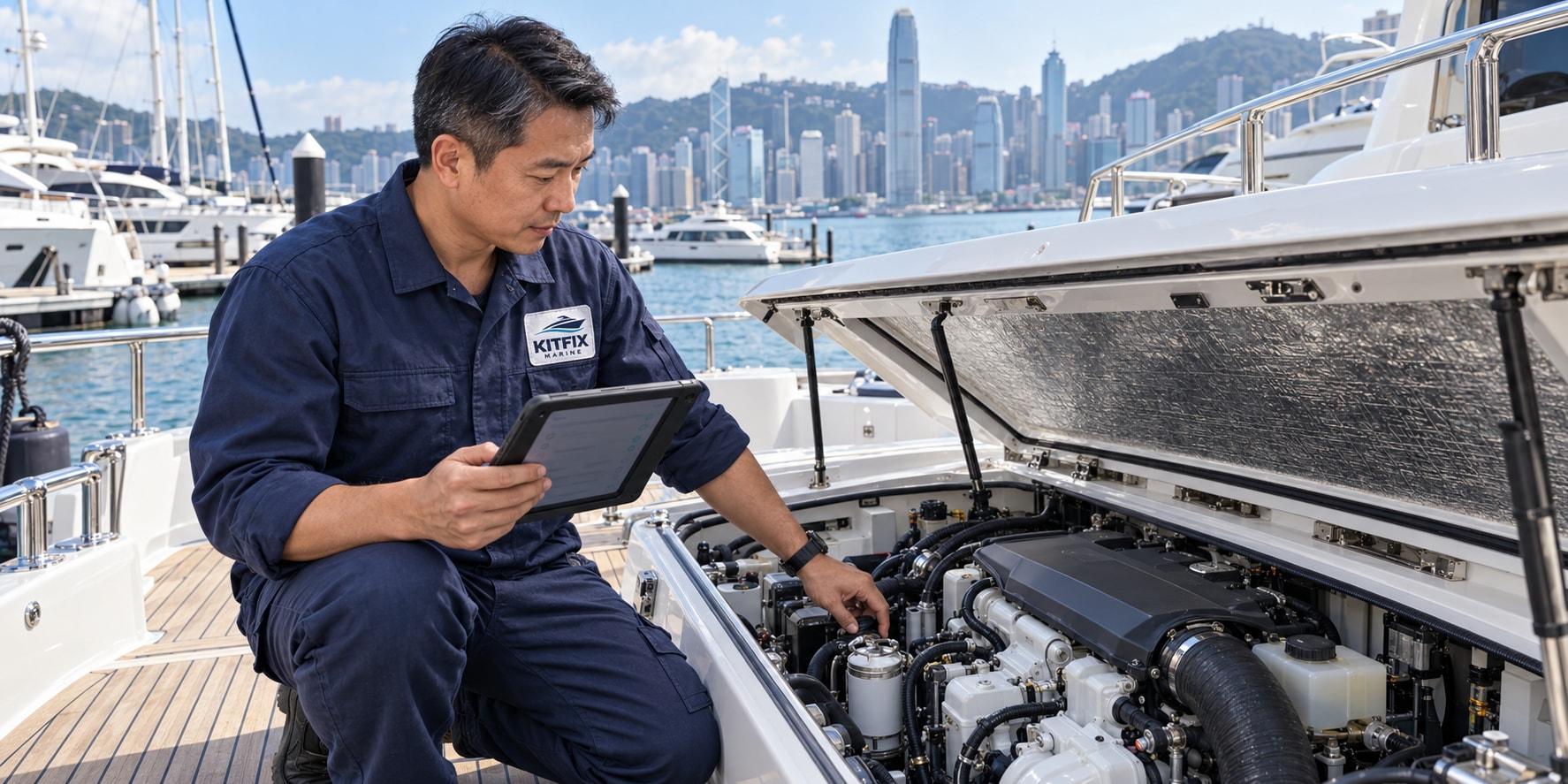 Marine engineer using a tablet during a scheduled yacht inspection at a Hong Kong marina