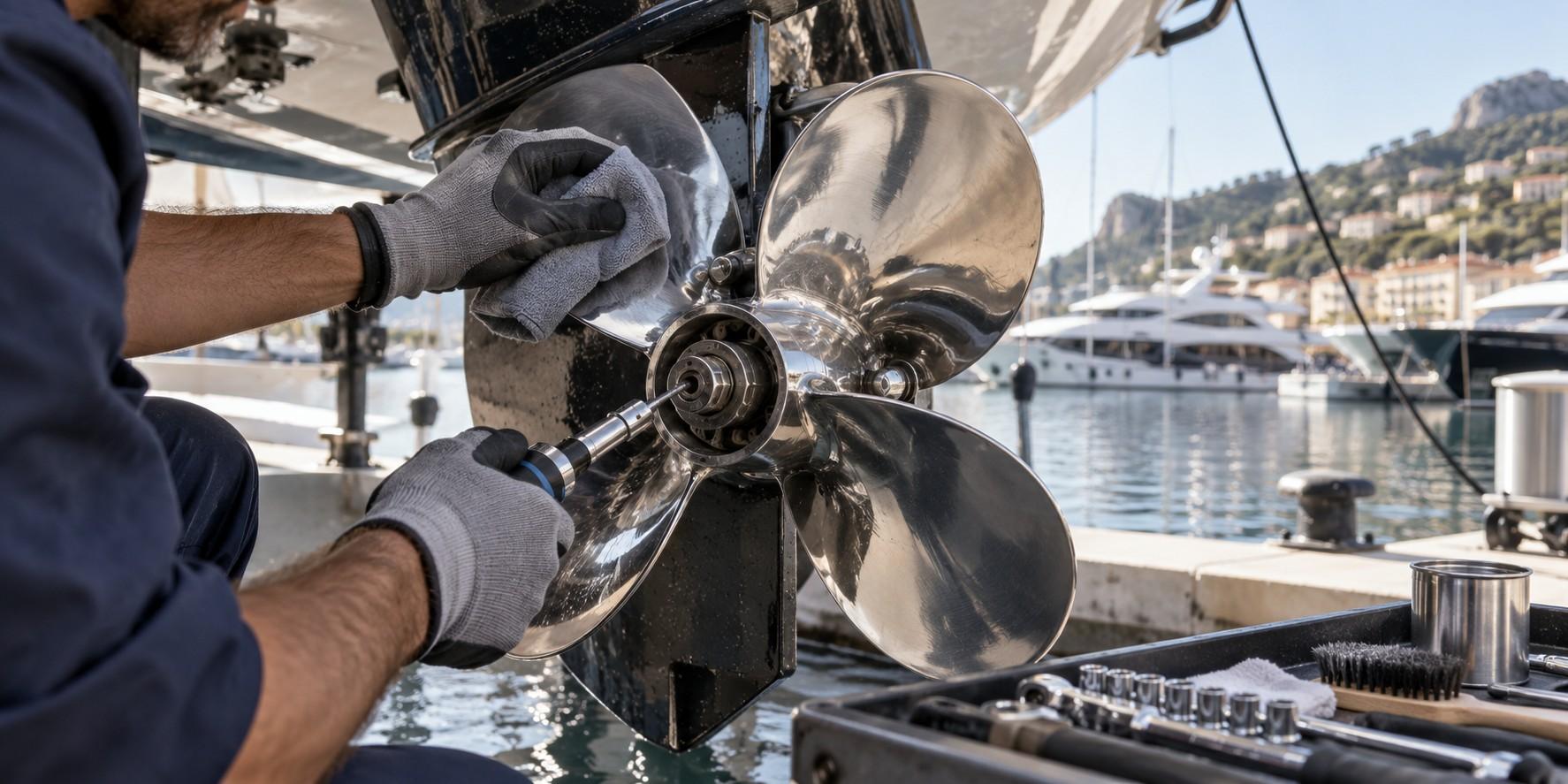 Marine technician working on a yacht propeller at the waterline