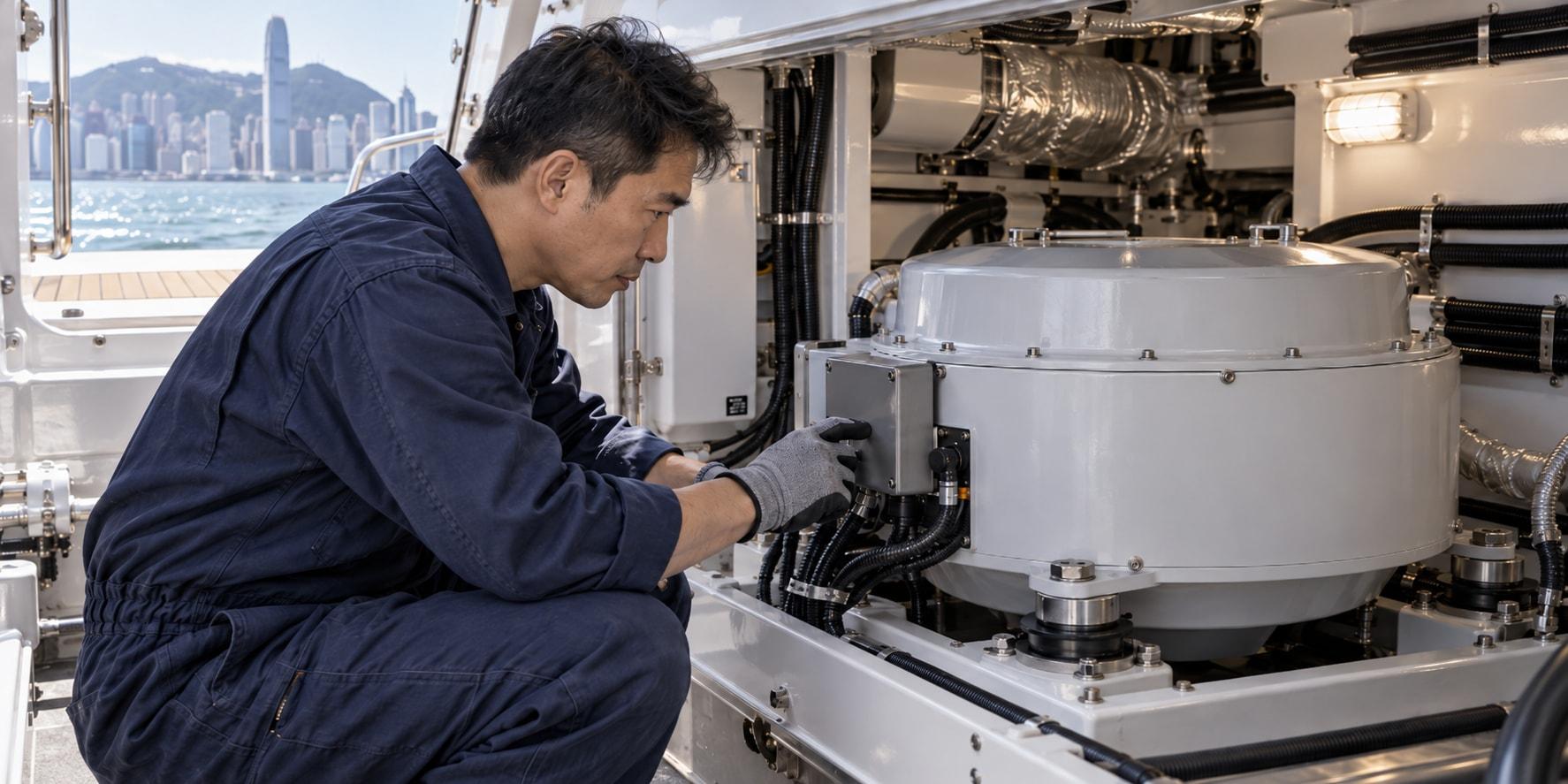 Marine technician examining a yacht gyro stabilizer