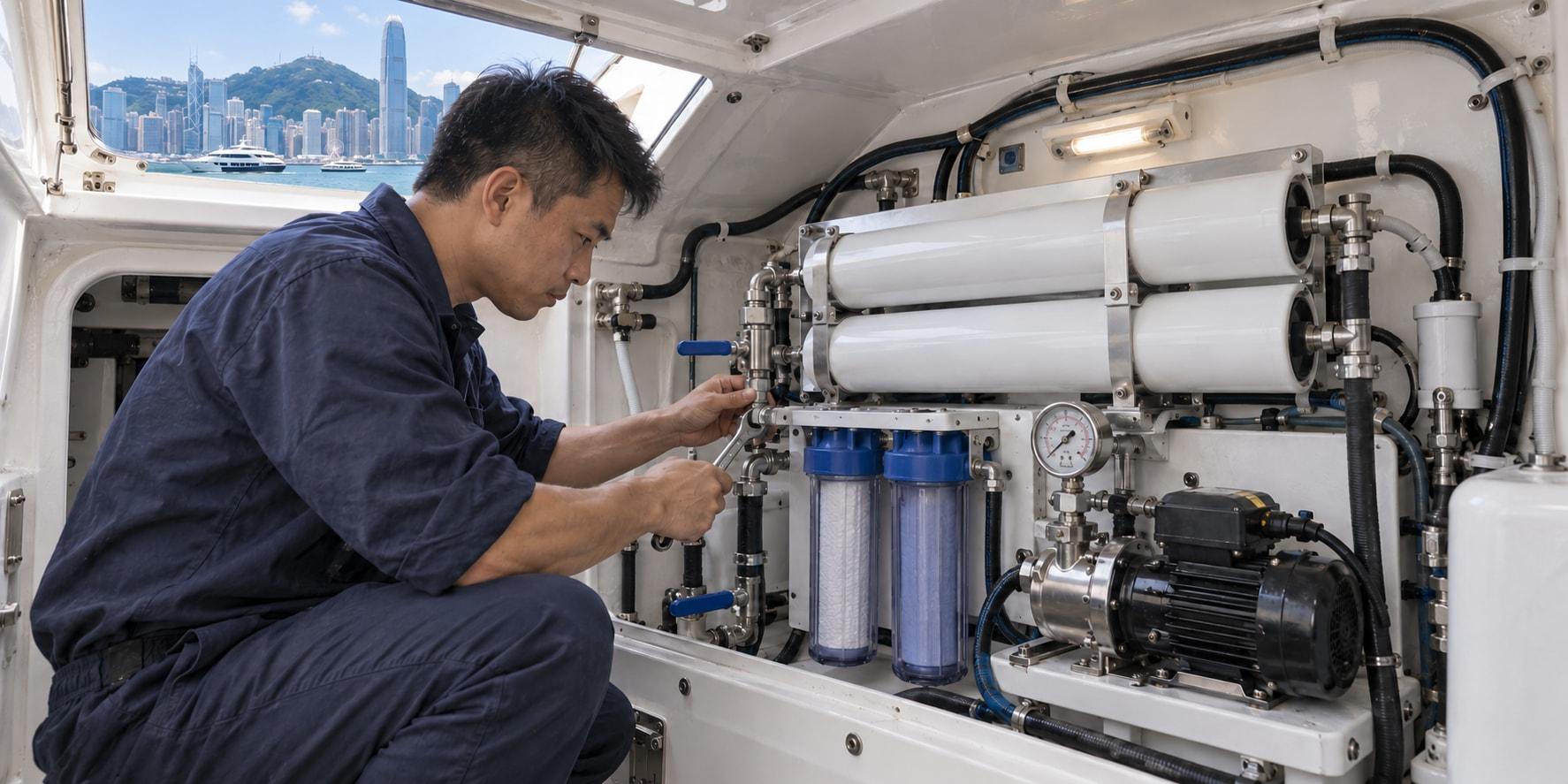 海事工程師在香港保養船上造水機